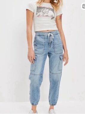 American Eagle Highest Rise Cargo Jogger Jeans in a light wash denim